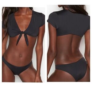 New Frankies Frankie Bikini Cropped Tie Knot Front Bikini Top Black Size S